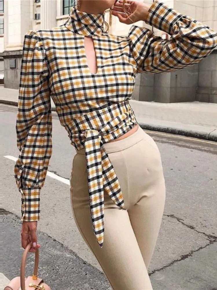 Turtleneck Plaid Printed Lace up Blouse