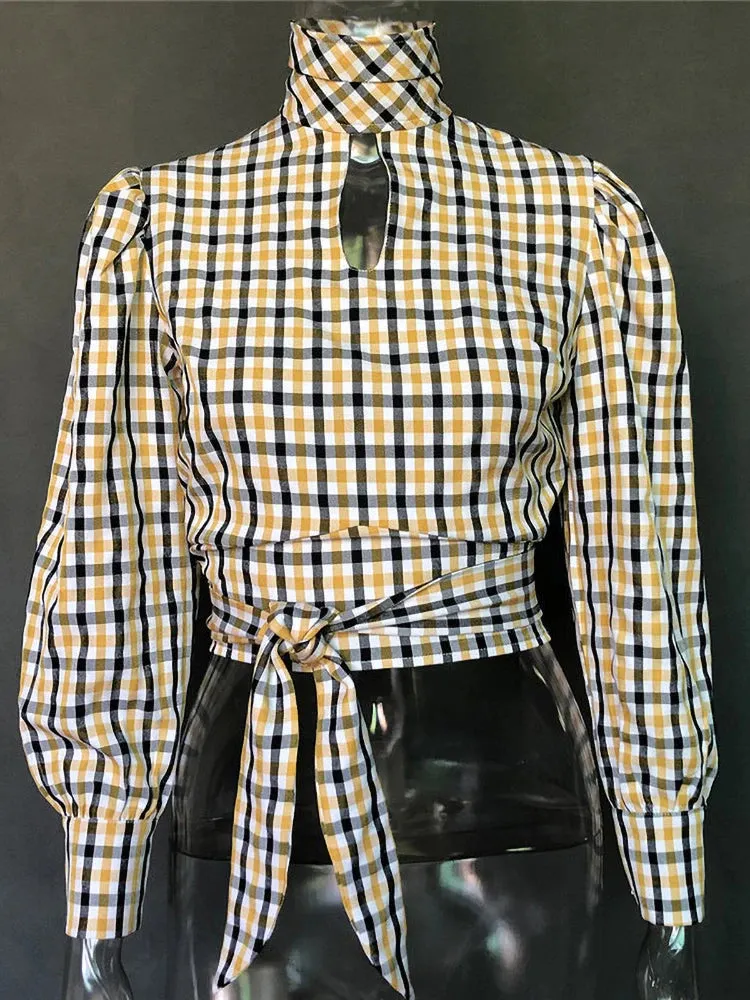 Turtleneck Plaid Printed Lace up Blouse