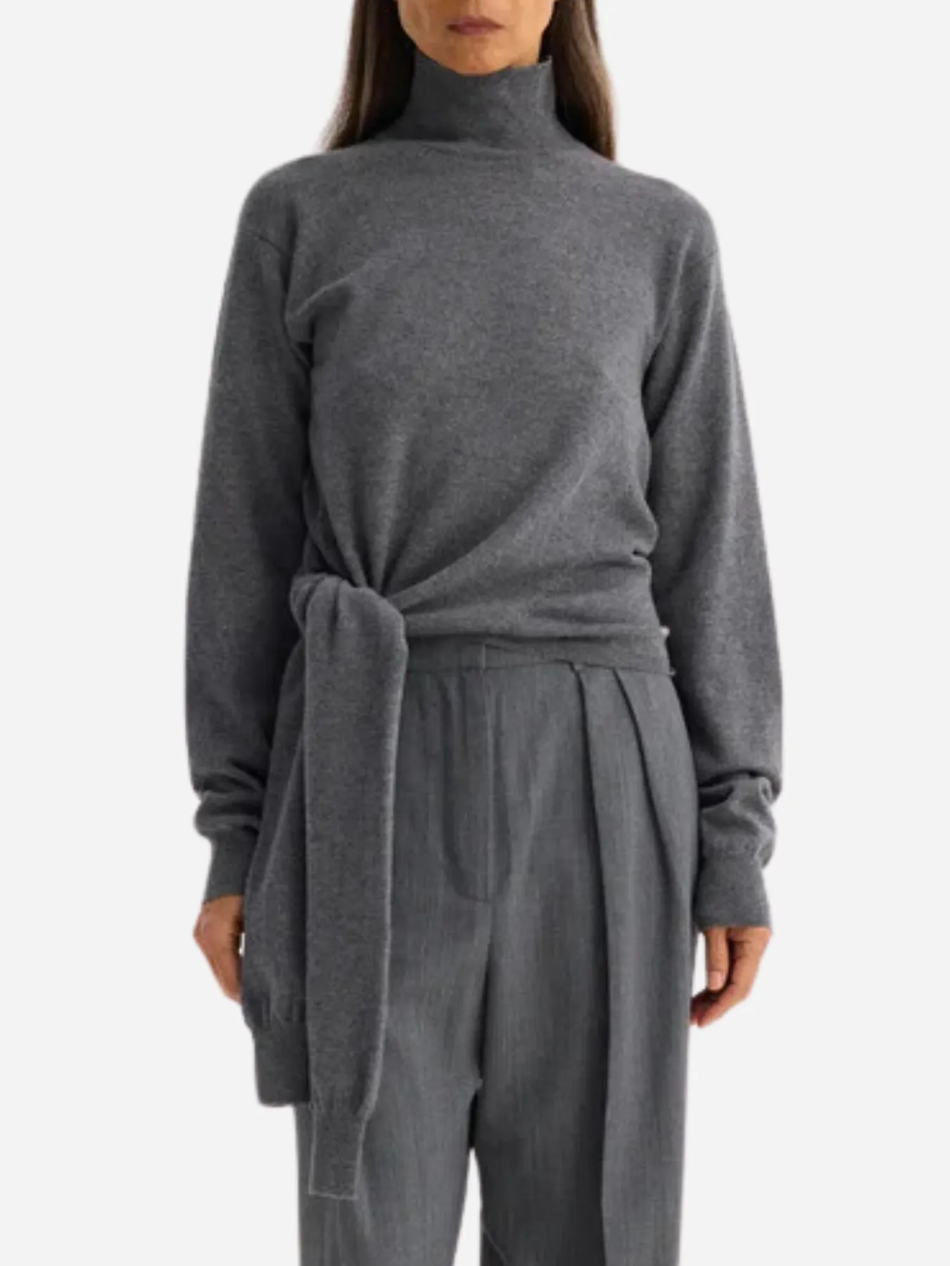 Twisted Knotted Turtleneck Jumper - Mid-Grey Melange