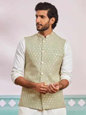 VASTRAMAY Men's Pista Green - Nehru Jacket