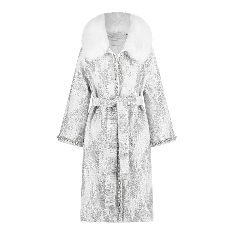 Wardrobes by Chen Luxury White Collar Long Sleeve Diamond/Pearl Long Fur Coat-Nike