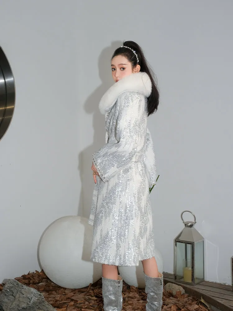 Wardrobes by Chen Luxury White Collar Long Sleeve Diamond/Pearl Long Fur Coat-Nike