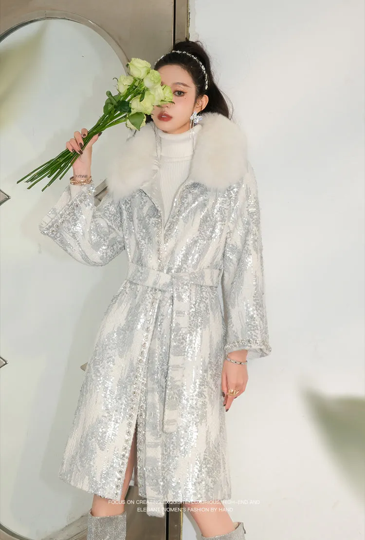 Wardrobes by Chen Luxury White Collar Long Sleeve Diamond/Pearl Long Fur Coat-Nike