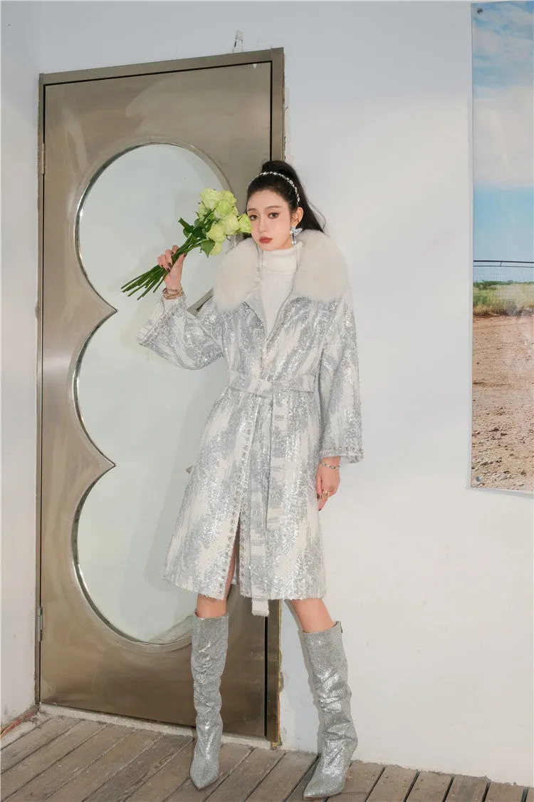 Wardrobes by Chen Luxury White Collar Long Sleeve Diamond/Pearl Long Fur Coat-Nike