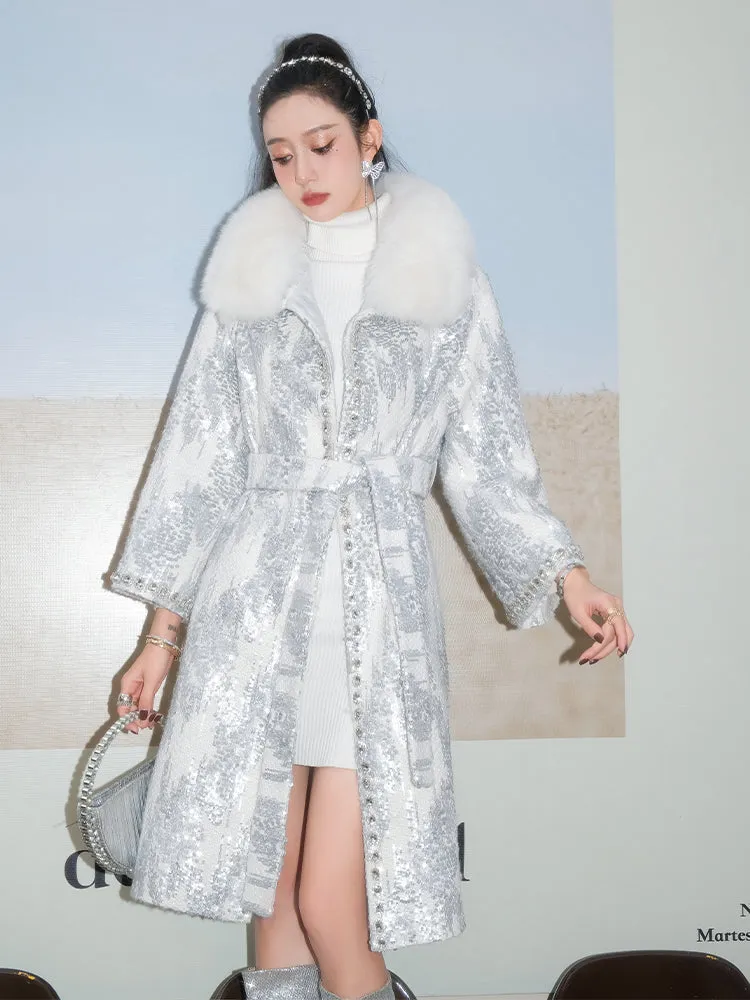 Wardrobes by Chen Luxury White Collar Long Sleeve Diamond/Pearl Long Fur Coat-Nike