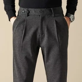 Wiaofellas  - Korean Fashion Woolen Suit Pant Men Waist Button Straight Trouser Autumn Winter Business Casual Loose Light Mature Style Pants
