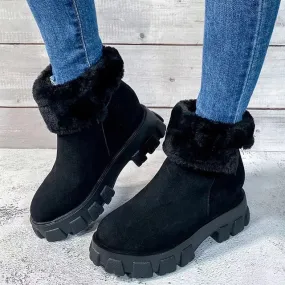 Winter Boots Women Fashion Flock Leather Platfrom Chunky Ankle Boots