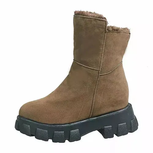 Winter Boots Women Fashion Flock Leather Platfrom Chunky Ankle Boots