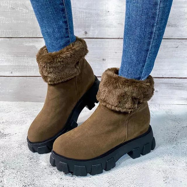 Winter Boots Women Fashion Flock Leather Platfrom Chunky Ankle Boots