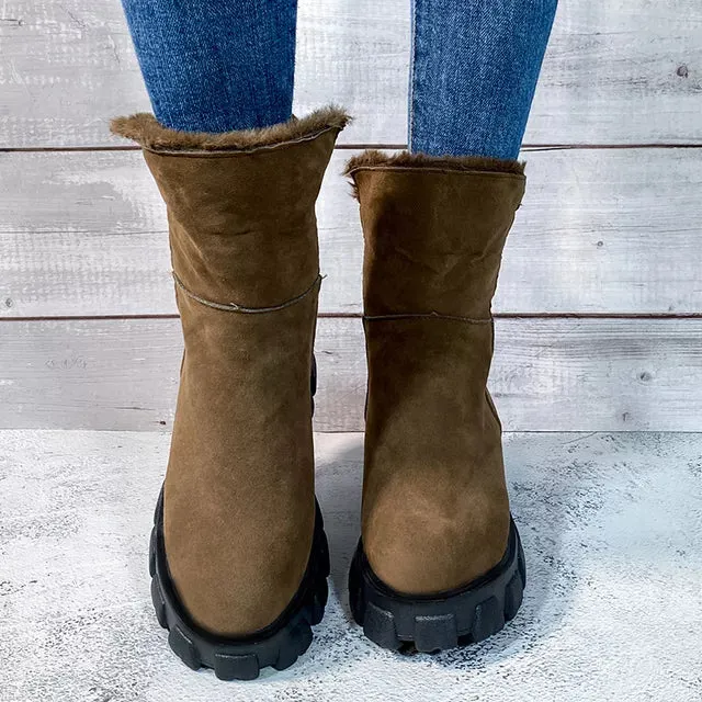 Winter Boots Women Fashion Flock Leather Platfrom Chunky Ankle Boots
