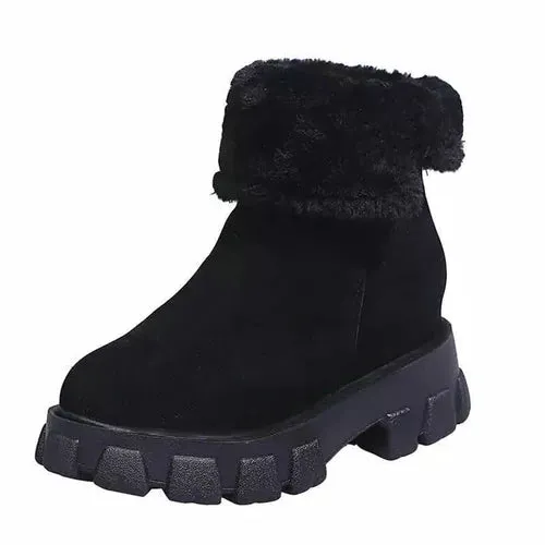 Winter Boots Women Fashion Flock Leather Platfrom Chunky Ankle Boots