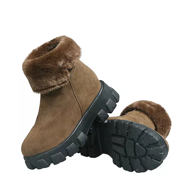 Winter Boots Women Fashion Flock Leather Platfrom Chunky Ankle Boots