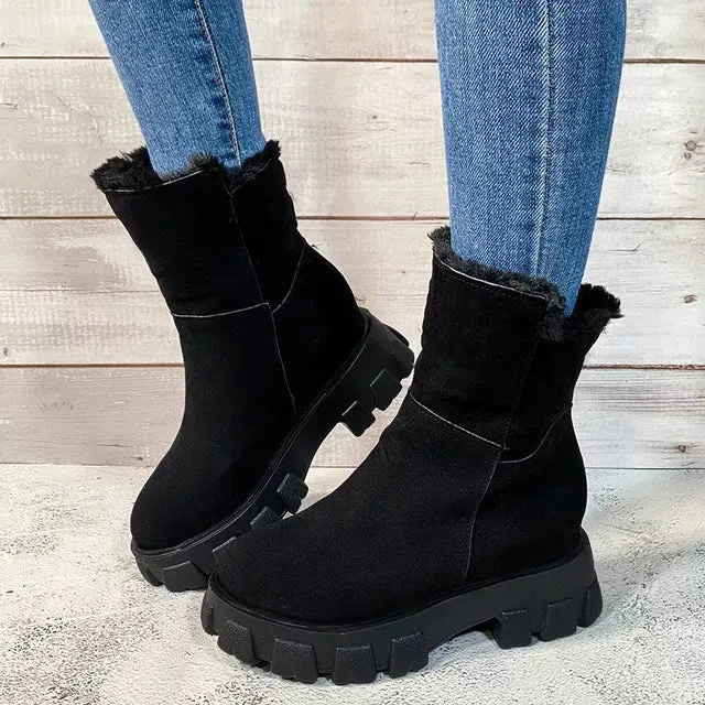 Winter Boots Women Fashion Flock Leather Platfrom Chunky Ankle Boots