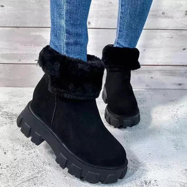 Winter Boots Women Fashion Flock Leather Platfrom Chunky Ankle Boots