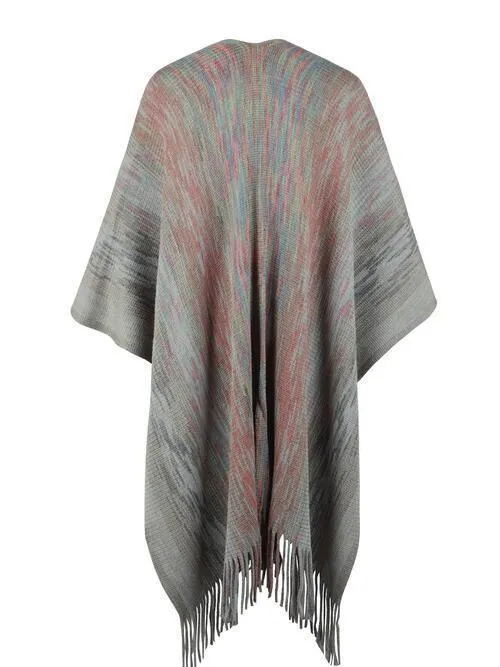 Winter Special Heathered Pom-Pom Fringe Poncho