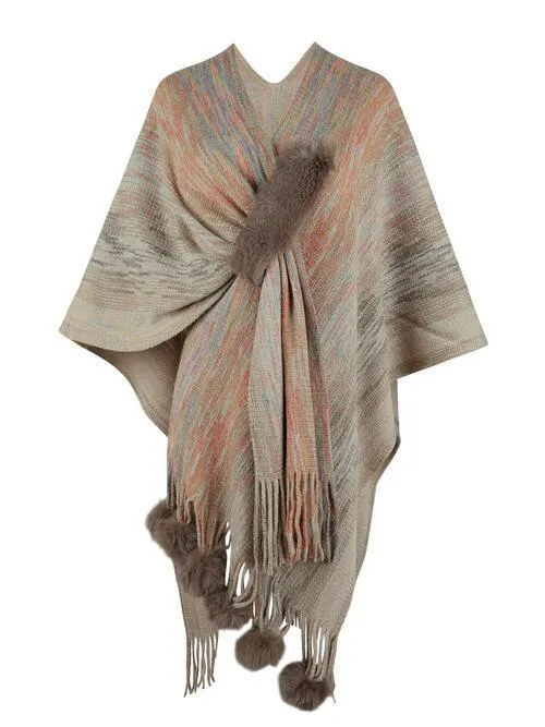 Winter Special Heathered Pom-Pom Fringe Poncho