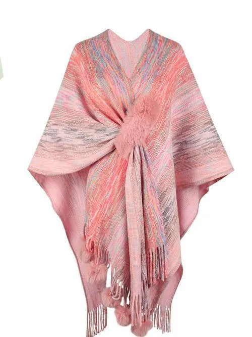 Winter Special Heathered Pom-Pom Fringe Poncho