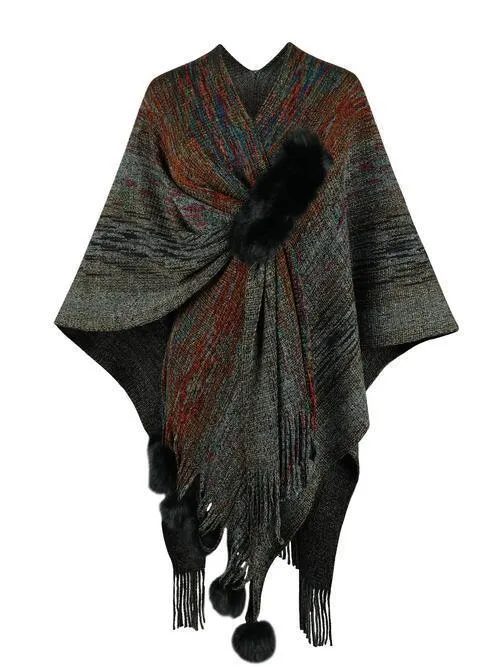Winter Special Heathered Pom-Pom Fringe Poncho