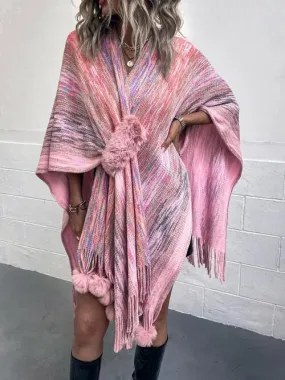 Winter Special Heathered Pom-Pom Fringe Poncho