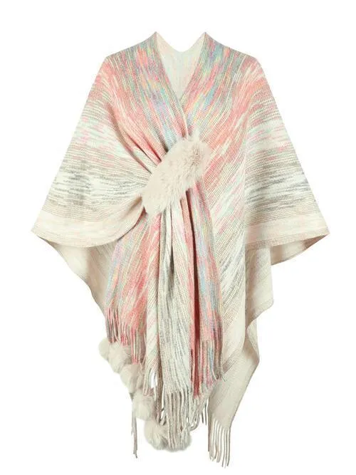 Winter Special Heathered Pom-Pom Fringe Poncho