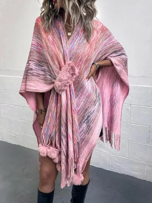 Winter Special Heathered Pom-Pom Fringe Poncho