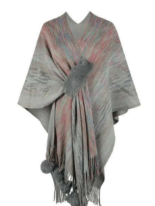 Winter Special Heathered Pom-Pom Fringe Poncho