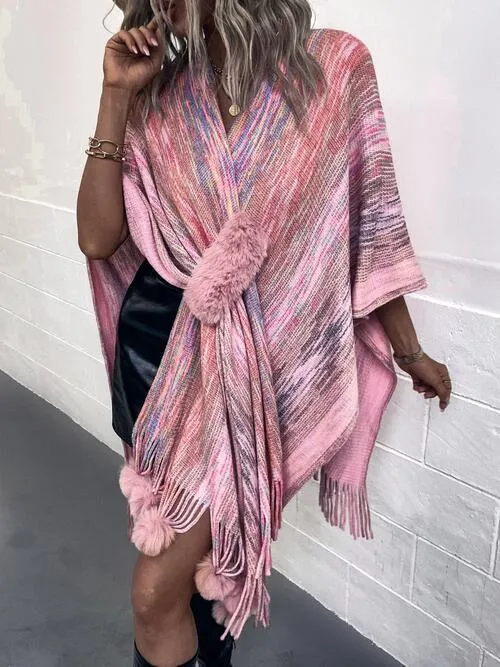 Winter Special Heathered Pom-Pom Fringe Poncho
