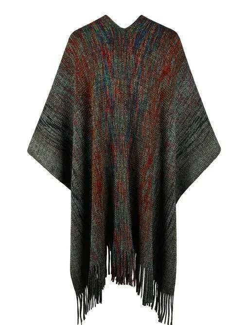Winter Special Heathered Pom-Pom Fringe Poncho