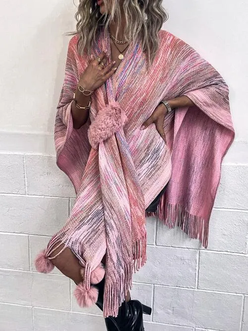 Winter Special Heathered Pom-Pom Fringe Poncho