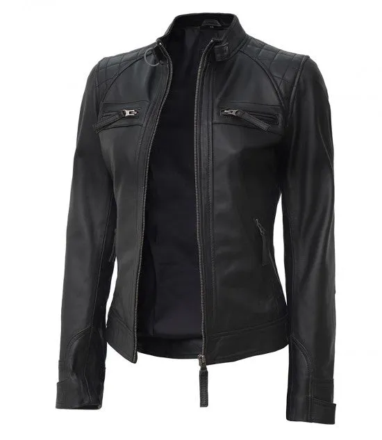 Women Black Quilted Motorcycle Leather Jacket