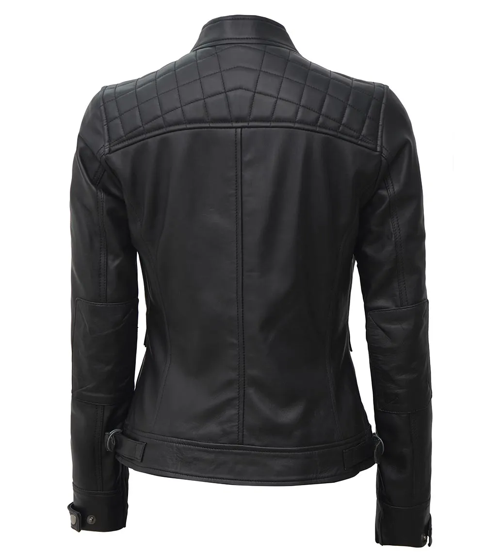 Women Black Quilted Motorcycle Leather Jacket