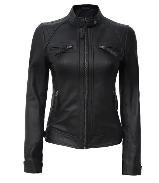 Women Black Quilted Motorcycle Leather Jacket