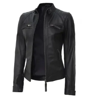 Women Black Quilted Motorcycle Leather Jacket