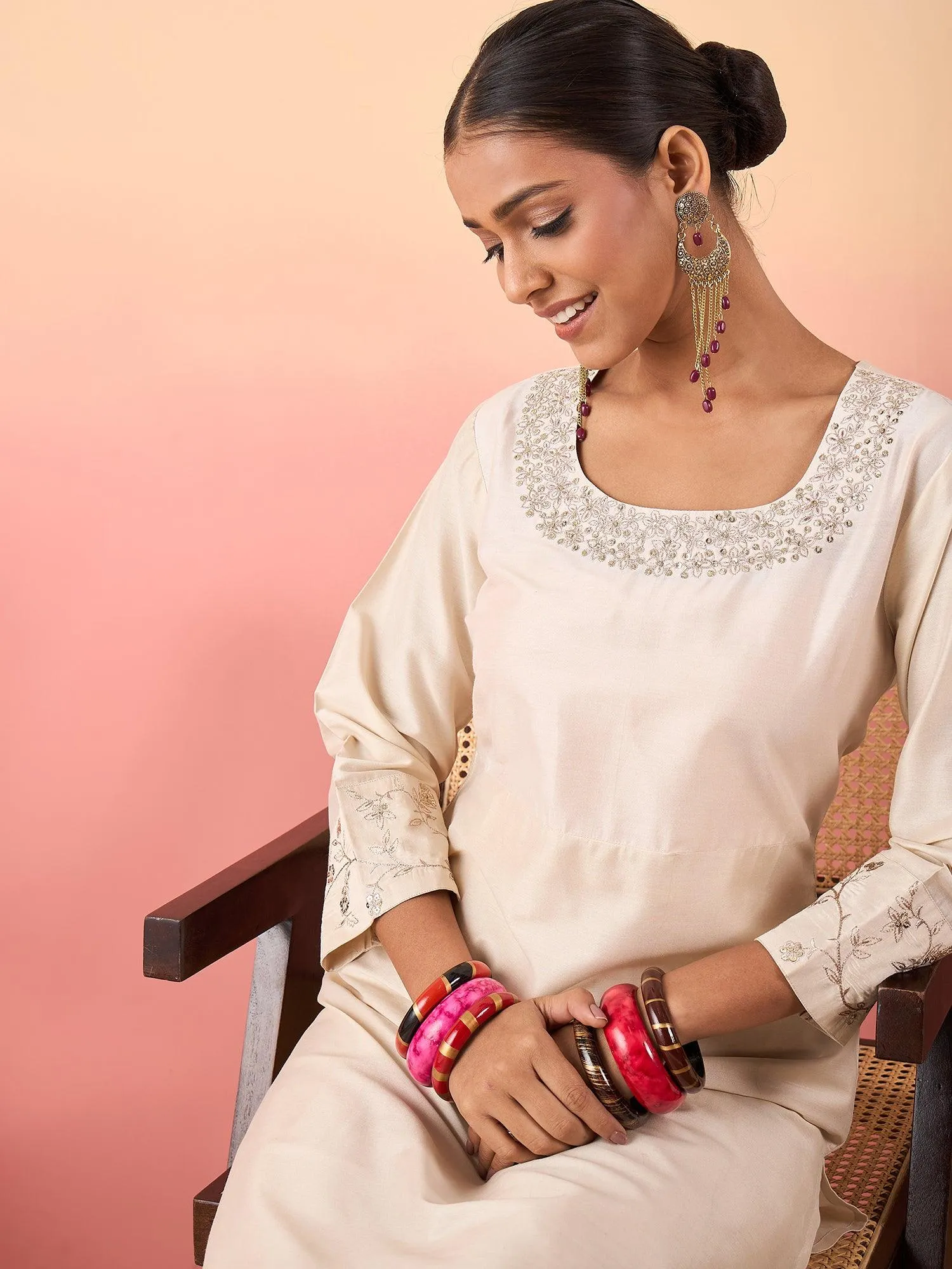 Women Floral Yoke Design Regular Kurta with Trousers