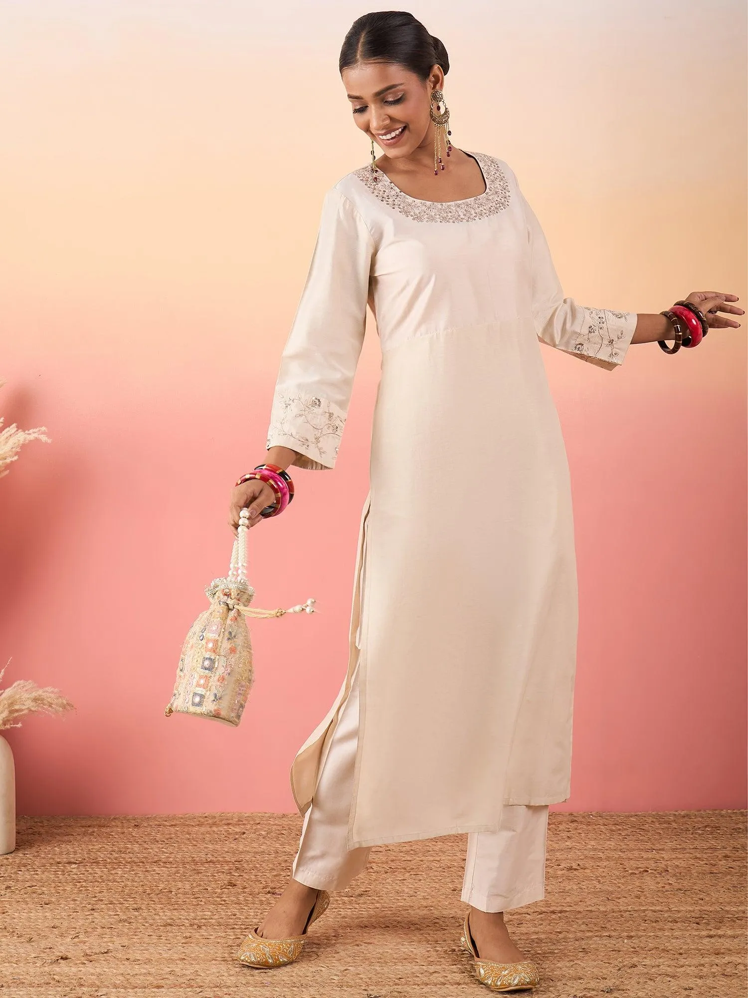 Women Floral Yoke Design Regular Kurta with Trousers