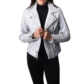 Women's Real Leather Biker Jacket with Quilt Detail White Motoquilt