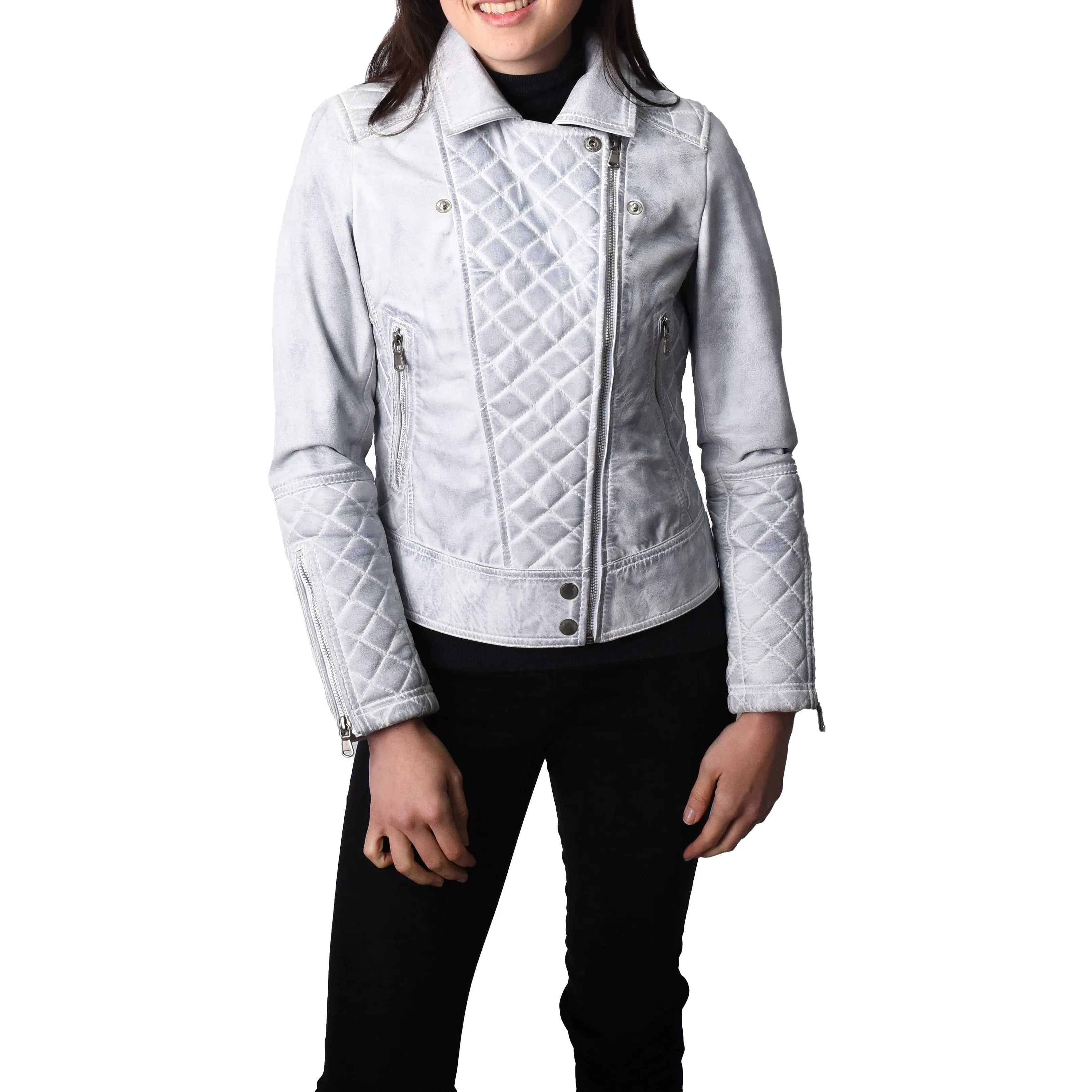 Women's Real Leather Biker Jacket with Quilt Detail White Motoquilt