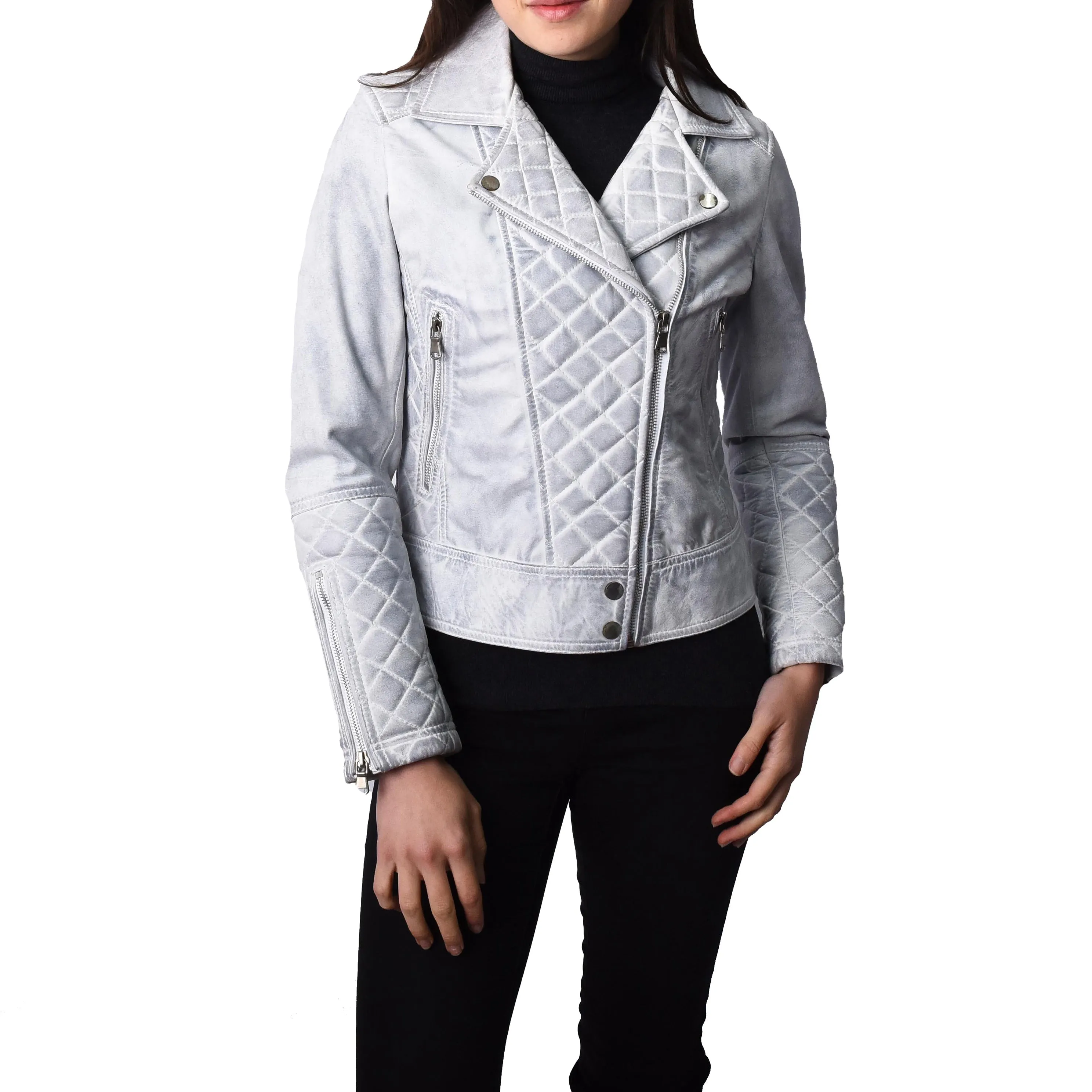 Women's Real Leather Biker Jacket with Quilt Detail White Motoquilt