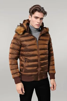 WSS Fur Hooded Men's Puffer Coat in Tan  - Singen