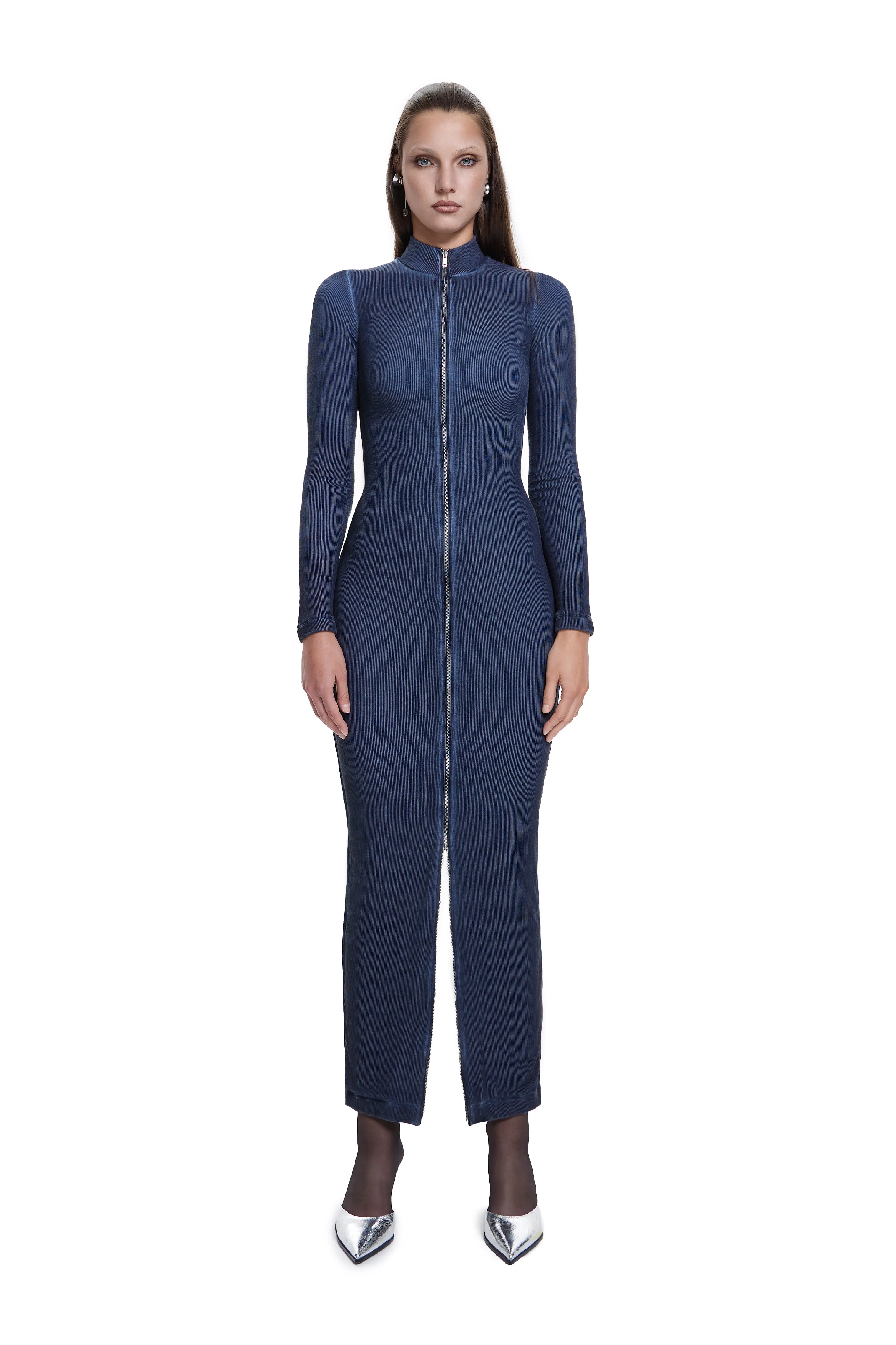 Zipper Detailed Long Dress in Indigo